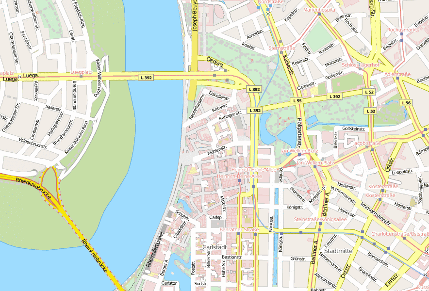 Regierungsviertel Stadtplan mit Luftbild und Hotels von Düsseldorf